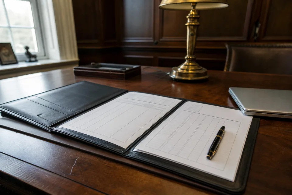 Private banking office meeting room with a laptop showing a data dashboard and a notebook on the table