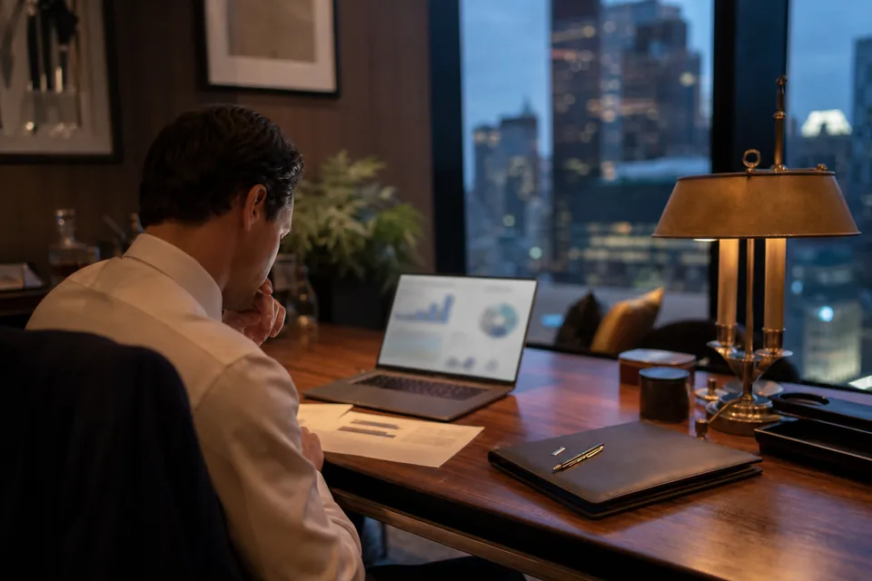 Private banker desk with a prospect dossier and a laptop in a family office at dusk